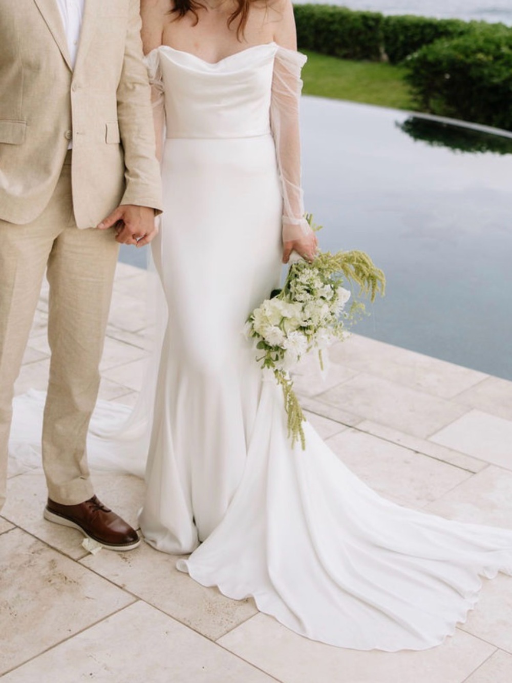 Jenny Yoo Off-Shoulder White Satin Wedding Gown with Sheer Sleeves